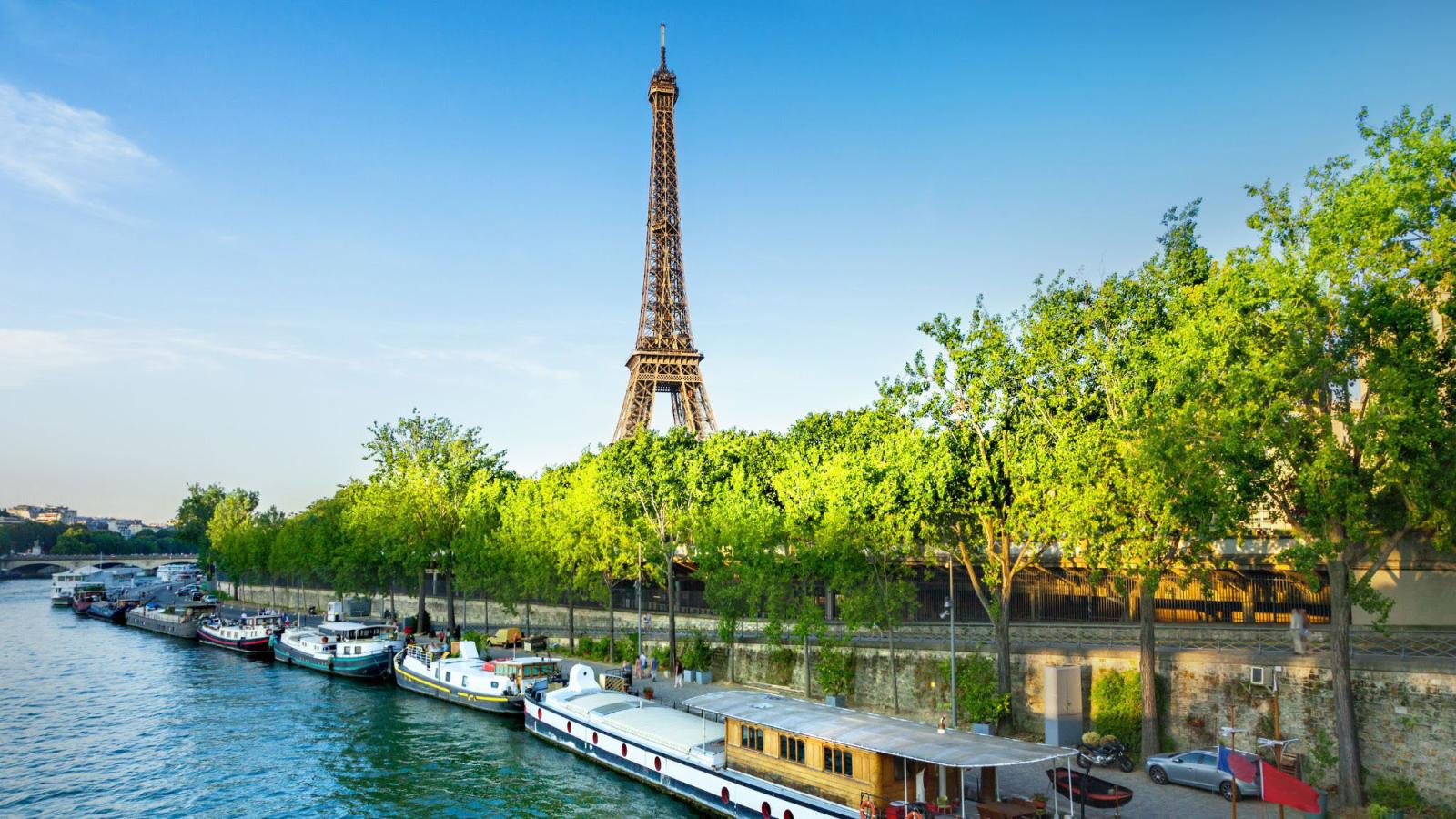 view of the Eiffel Tower, trees, and the River Seine in the city of Paris, France