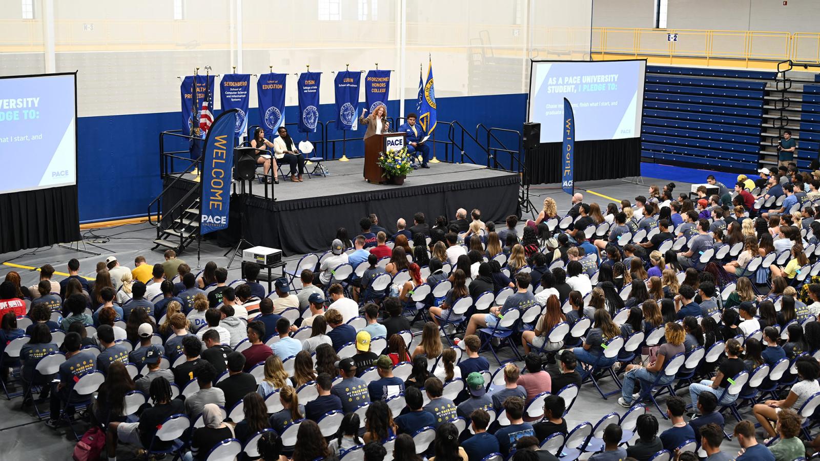 Speaker on the stage at the Pace University convocation ceremony