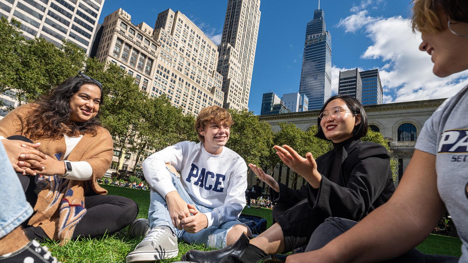 Pace students sit in a park, the NYC skyline behind them