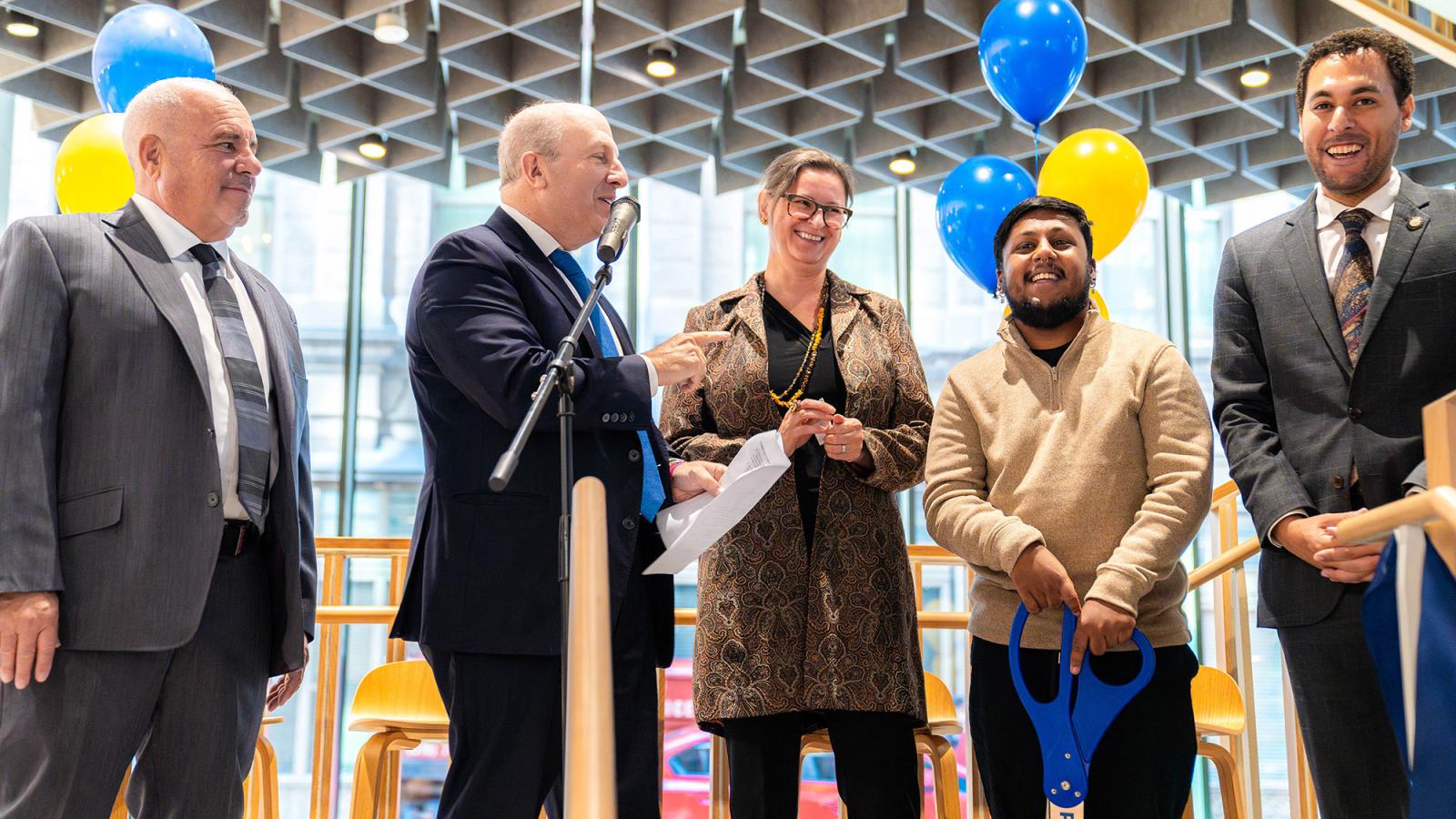 Rob Sands, President Marvin Krislov, Vice President Ibi Yolas, SGA President Aman Islam, and New York City Council Member Christopher Marte