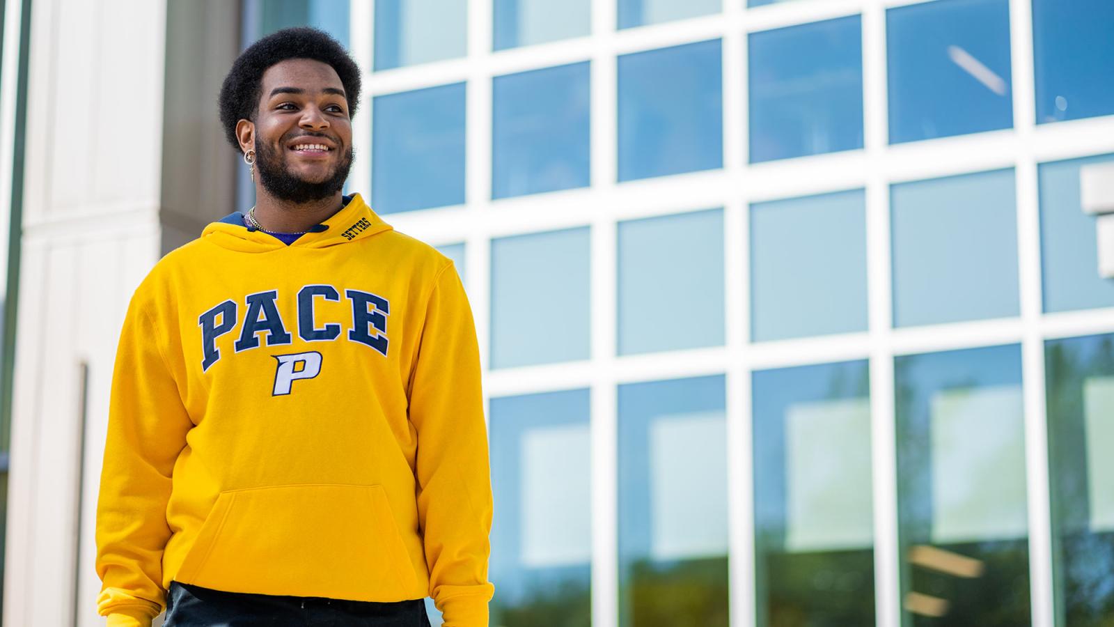 Pace Student D'Andre Butler where's a yellow Pace sweatshirt