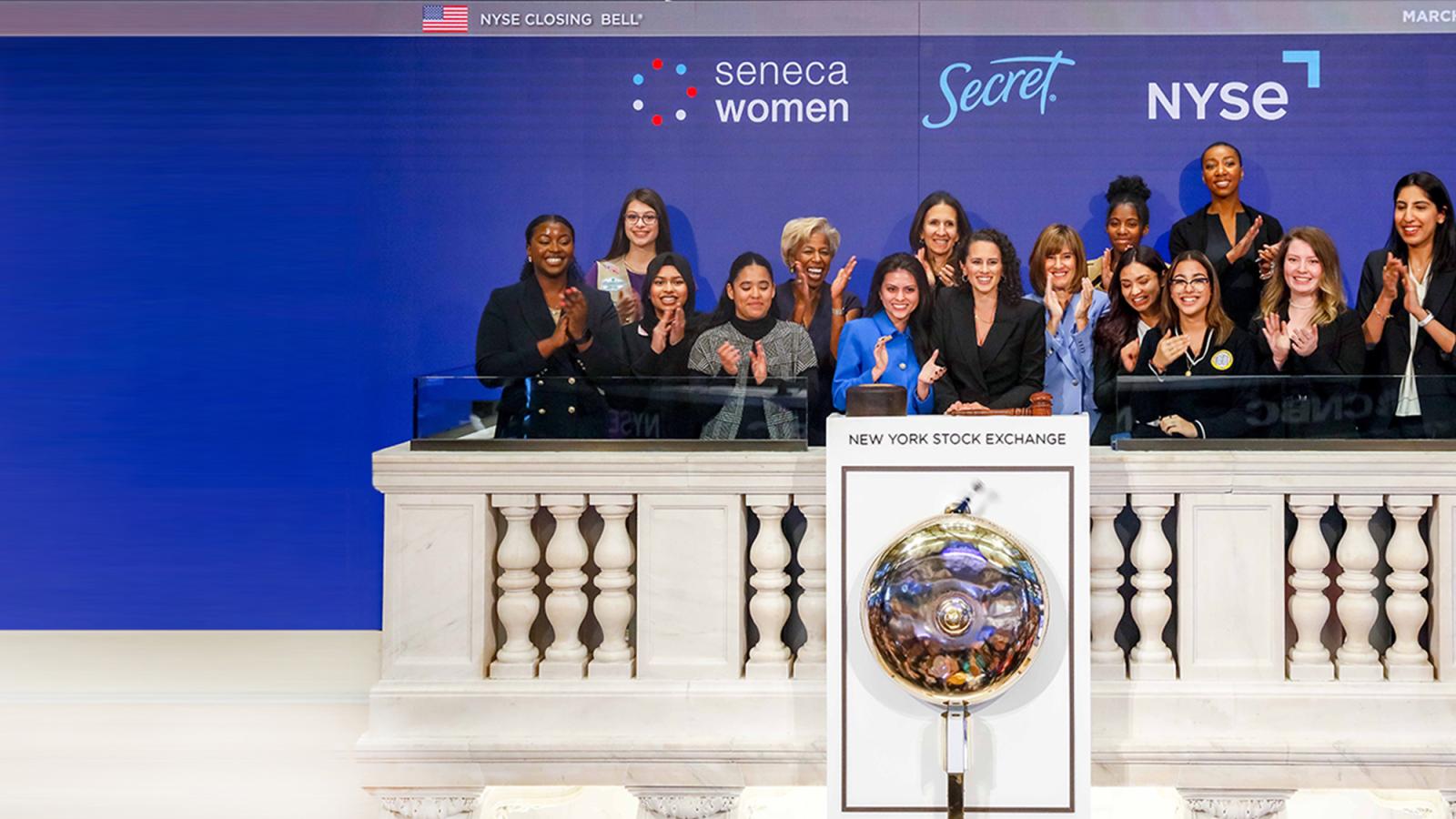 Group of Pace University Dyson College of Arts and Sciences students in the Womens Leadership Initiative at the Secret and Seneca Women gathering at the New York Stock Exchange