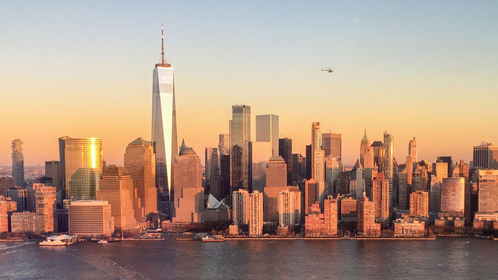 view of Lower Manhattan skyline at dusk