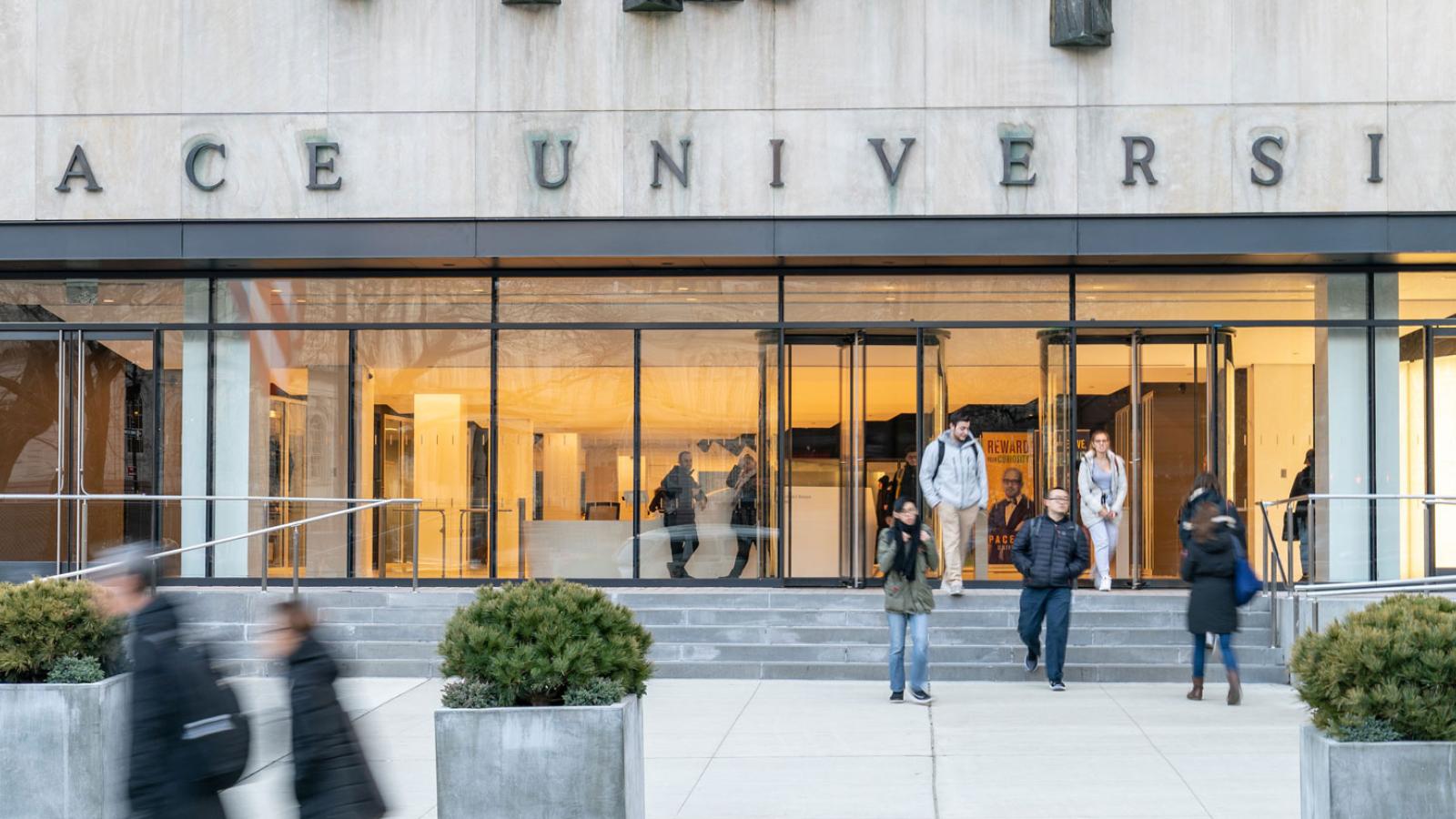 Entrance of the One Pace Plaza building at Pace University in NYC.