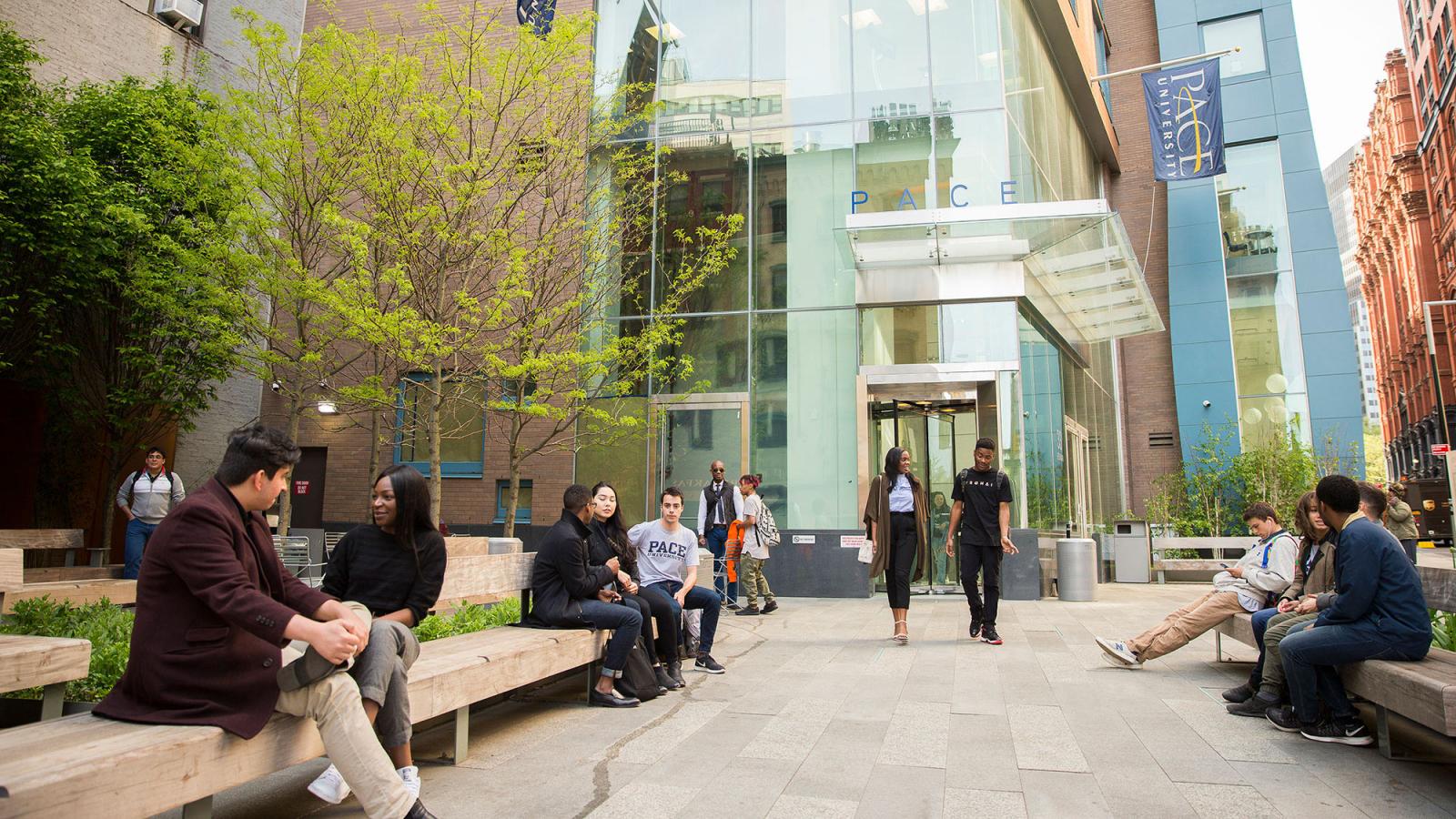 Students leaving one of the residence halls in NYC