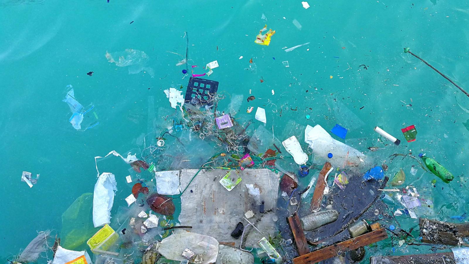 overhead view of garbage in the ocean