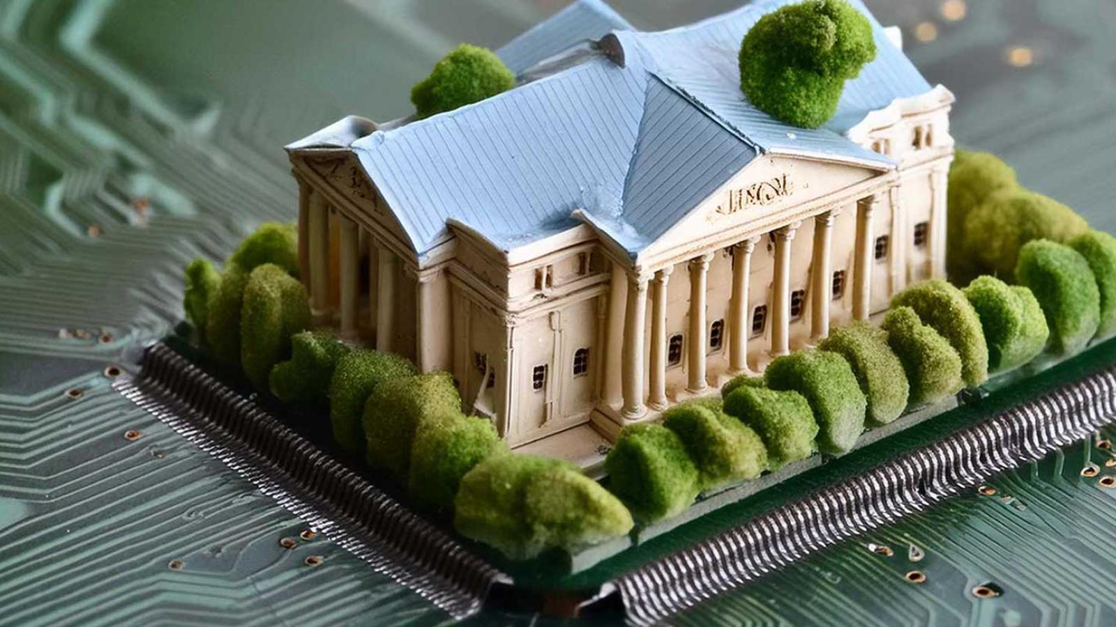 A university building sitting on a circuit board, generated by Adobe Firefly.