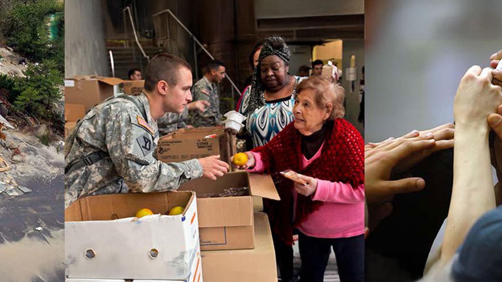 Collage of a natural disaster, women going through a food line, and hands gripped together in solidarity