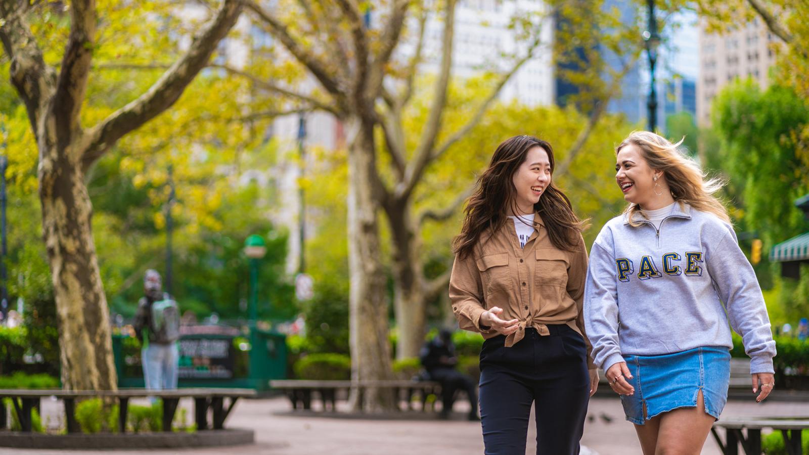 Pace University students walking near NYC campus