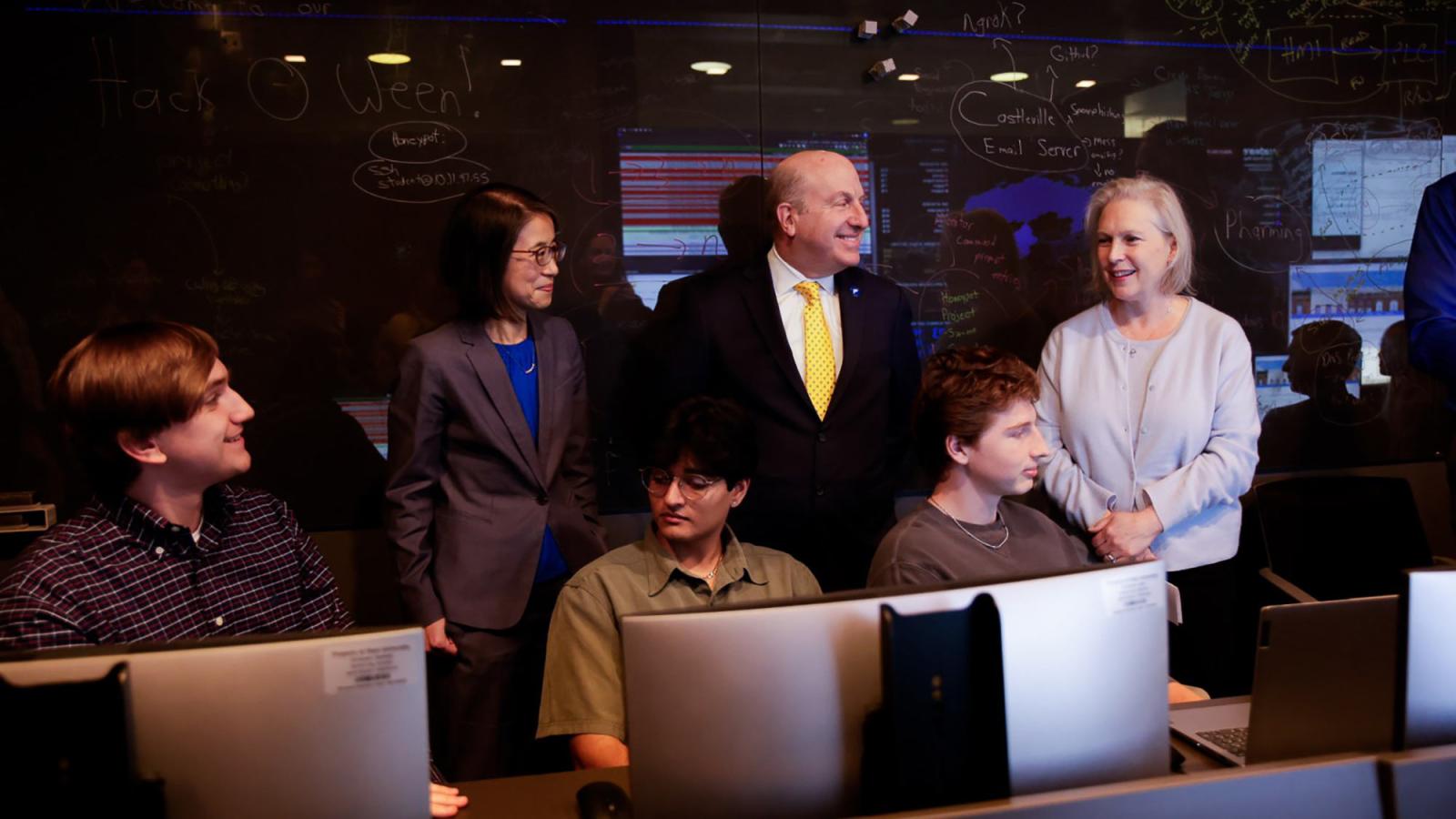 Senator Kirsten Gillibrand joins Pace University President Marvin Krislov and Li-Chiou Chen, Interim Dean of the Seidenberg School of CSIS, for a tour of Pace’s Cyber Range.