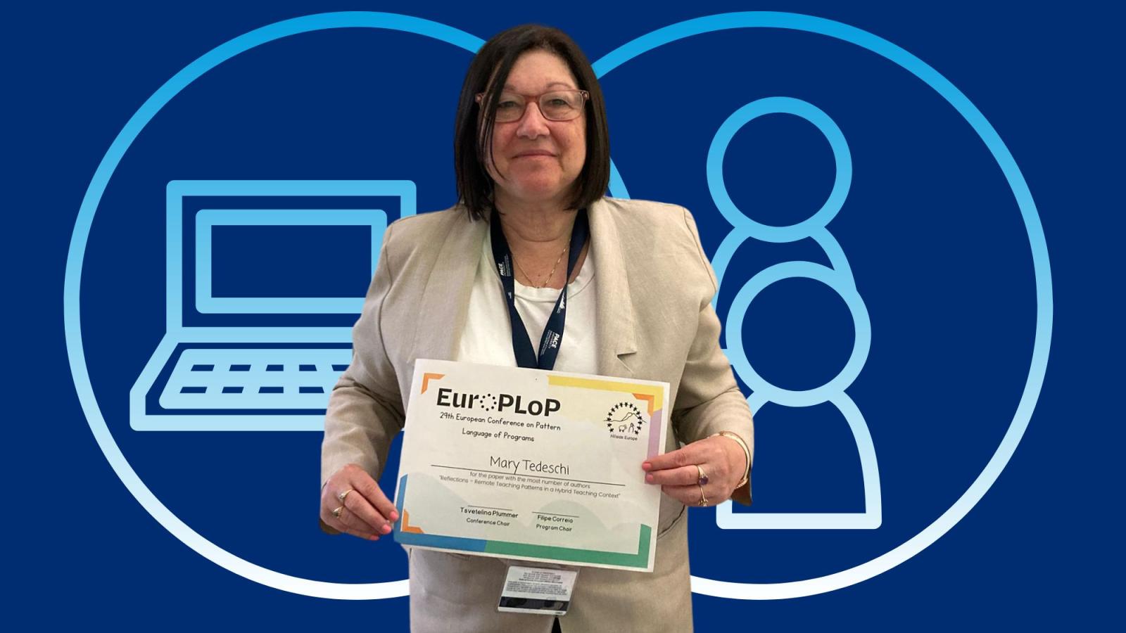 Pace University Seidenberg Professor Mary Tedeschi posing for a photo with her conference certificate.