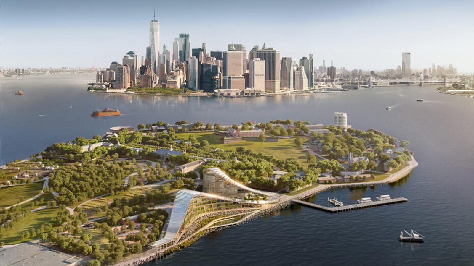 aerial image of Governor's Island with NYC in background