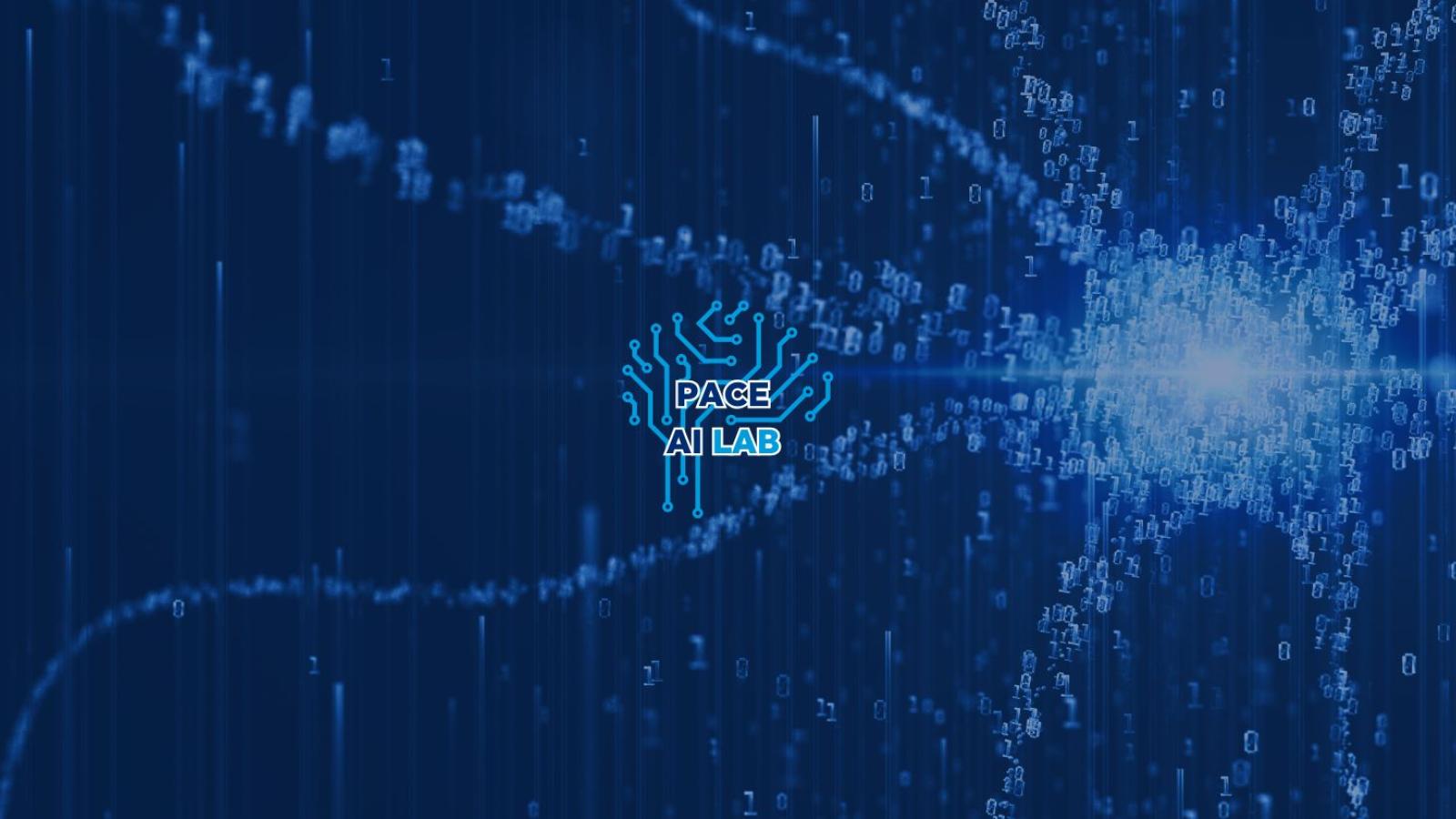 A stream of data on a dark surface representing AI, with the Pace AI Lab logo placed on top of the image.