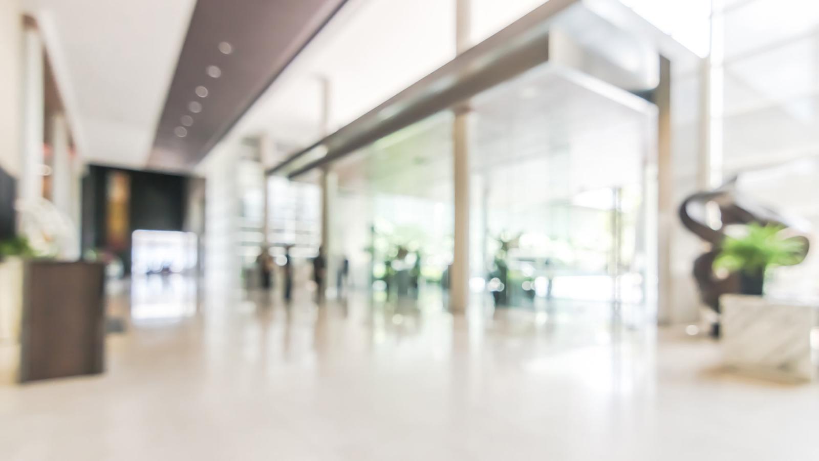 A blurry hospital lobby.