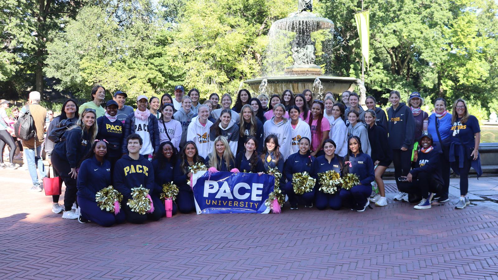 Group photo of Pace University students and staff at the the 2025 Komen Race For the Cure.