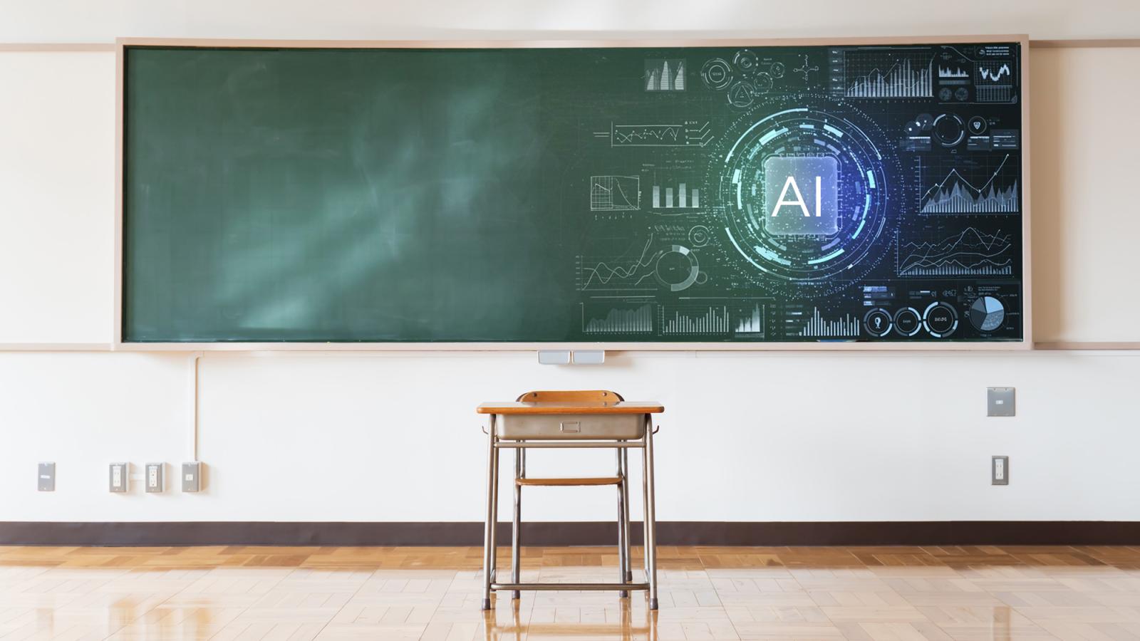 Classroom with a blackboard that's morphing into an AI digital illustration.