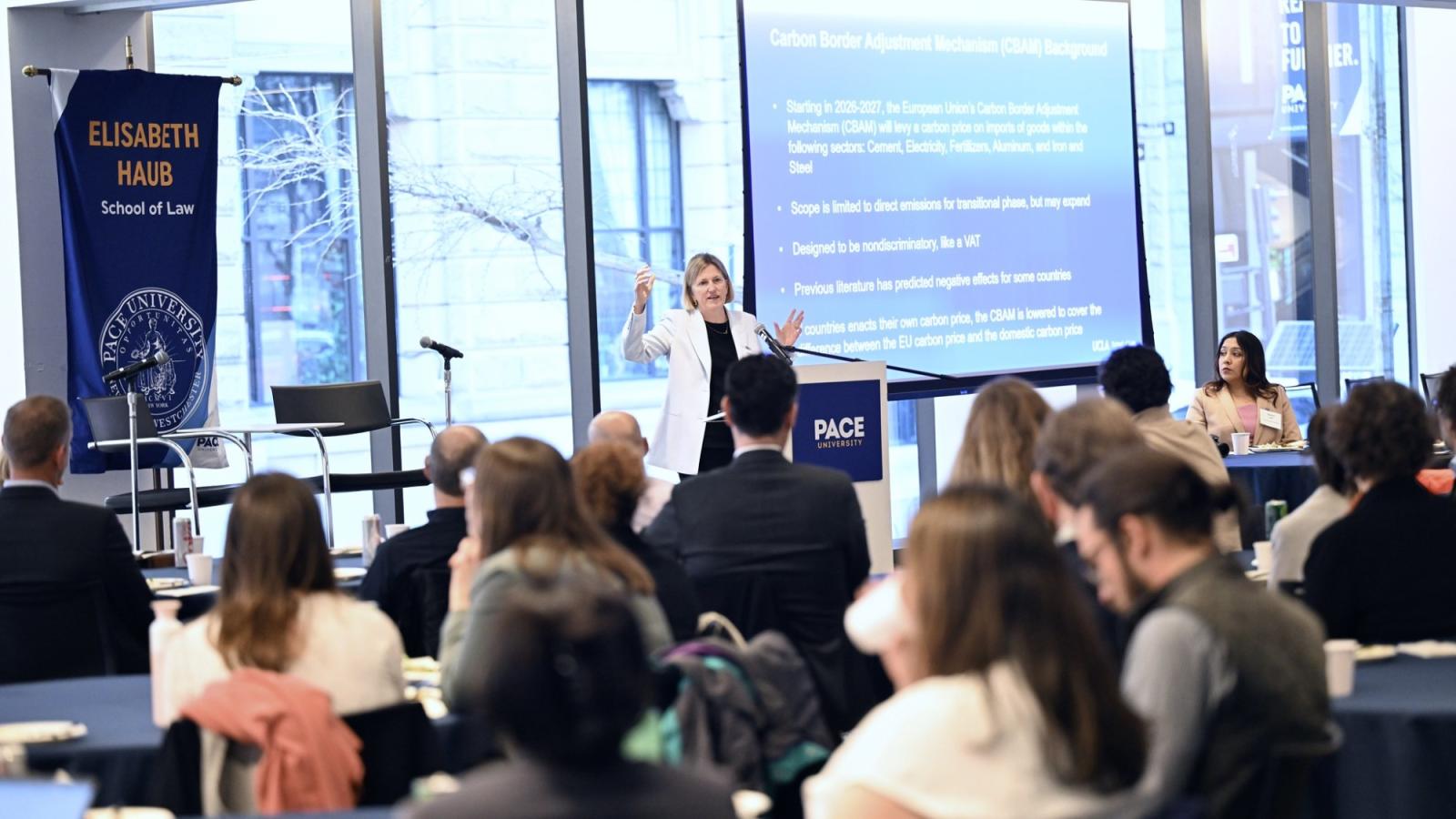 UCLA Law professor Kimberly Clausing speaks at Pace Haub School of Law tax symposium.