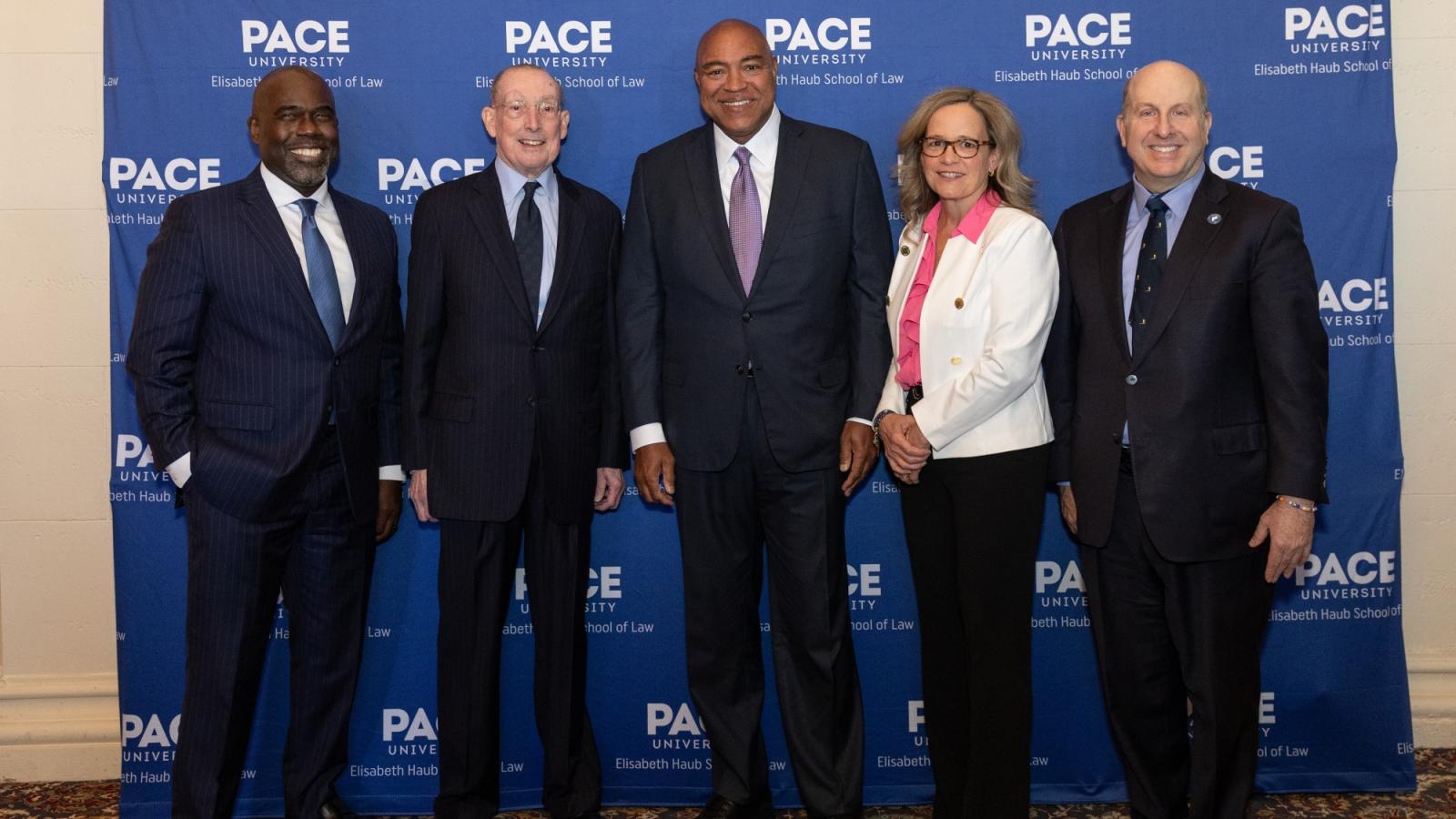 Elisabeth Haub School of Law at Pace University 2025 Law Leadership Dinner Honorees with Pace President Marvin Krislov and Haub Law Dean Horace Anderson