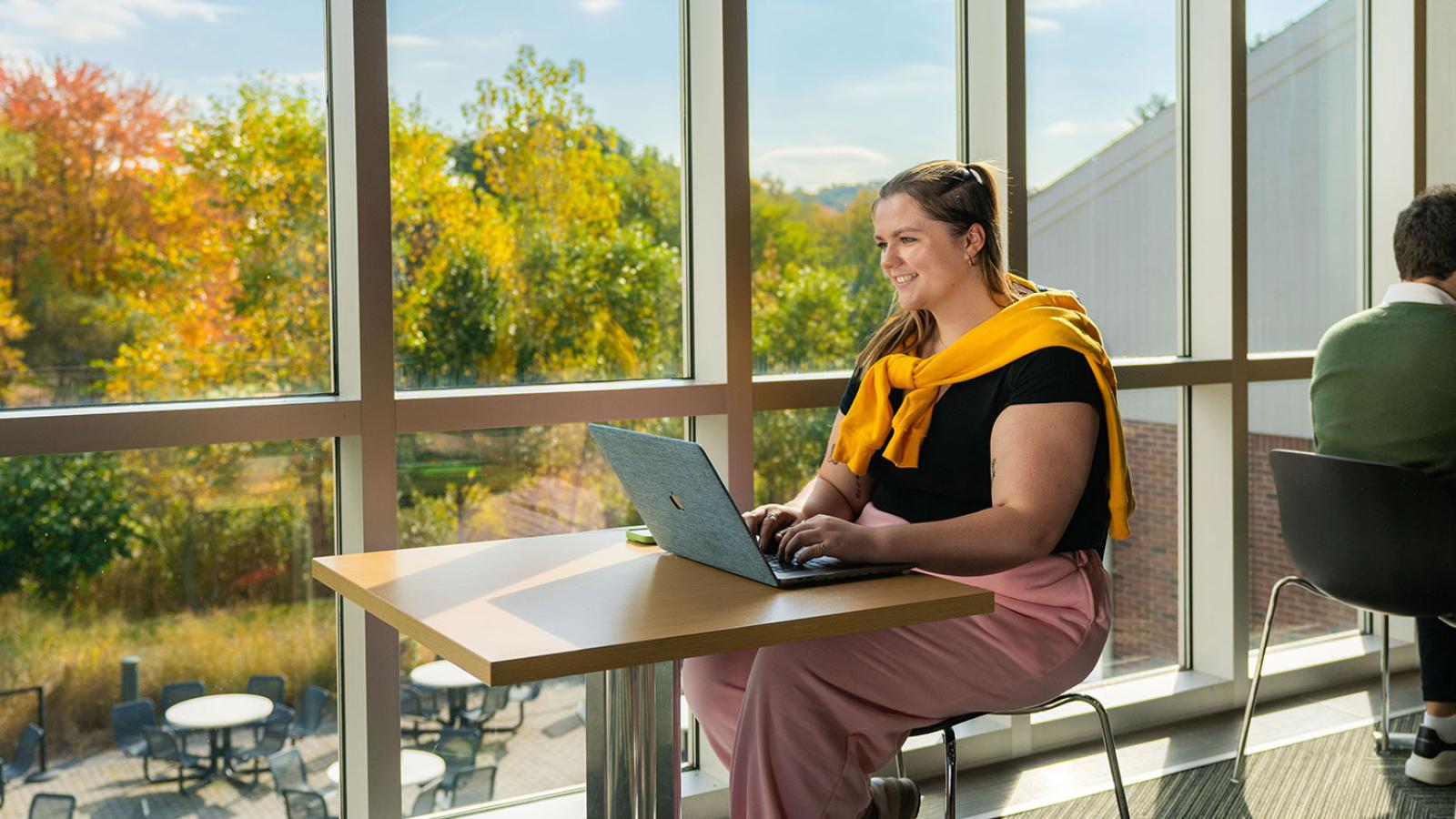 Pace University students sitting at desk, working on their laptops on the Westchester campus.