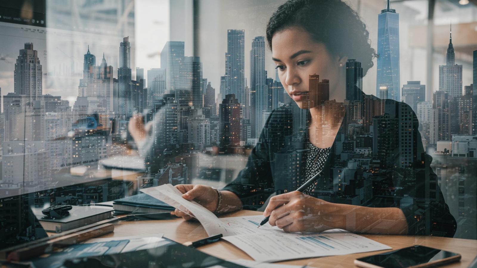 Double-exposure image of a woman working in a business setting with the NYC skyline in the background.