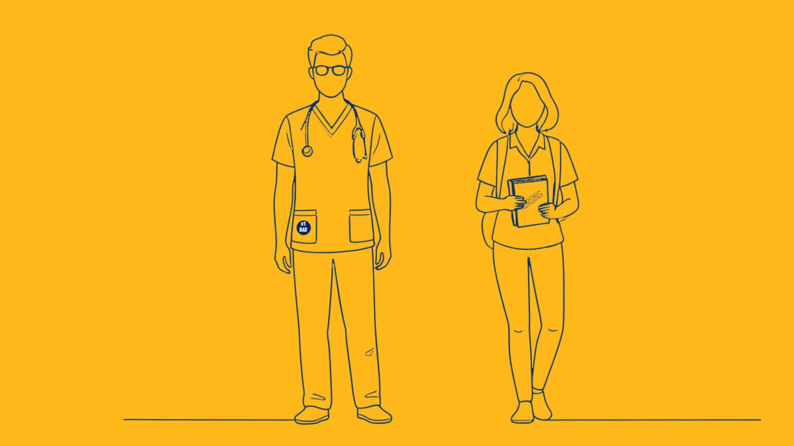 The outline of a taller male nursing student and a shorter female nursing student against a yellow background