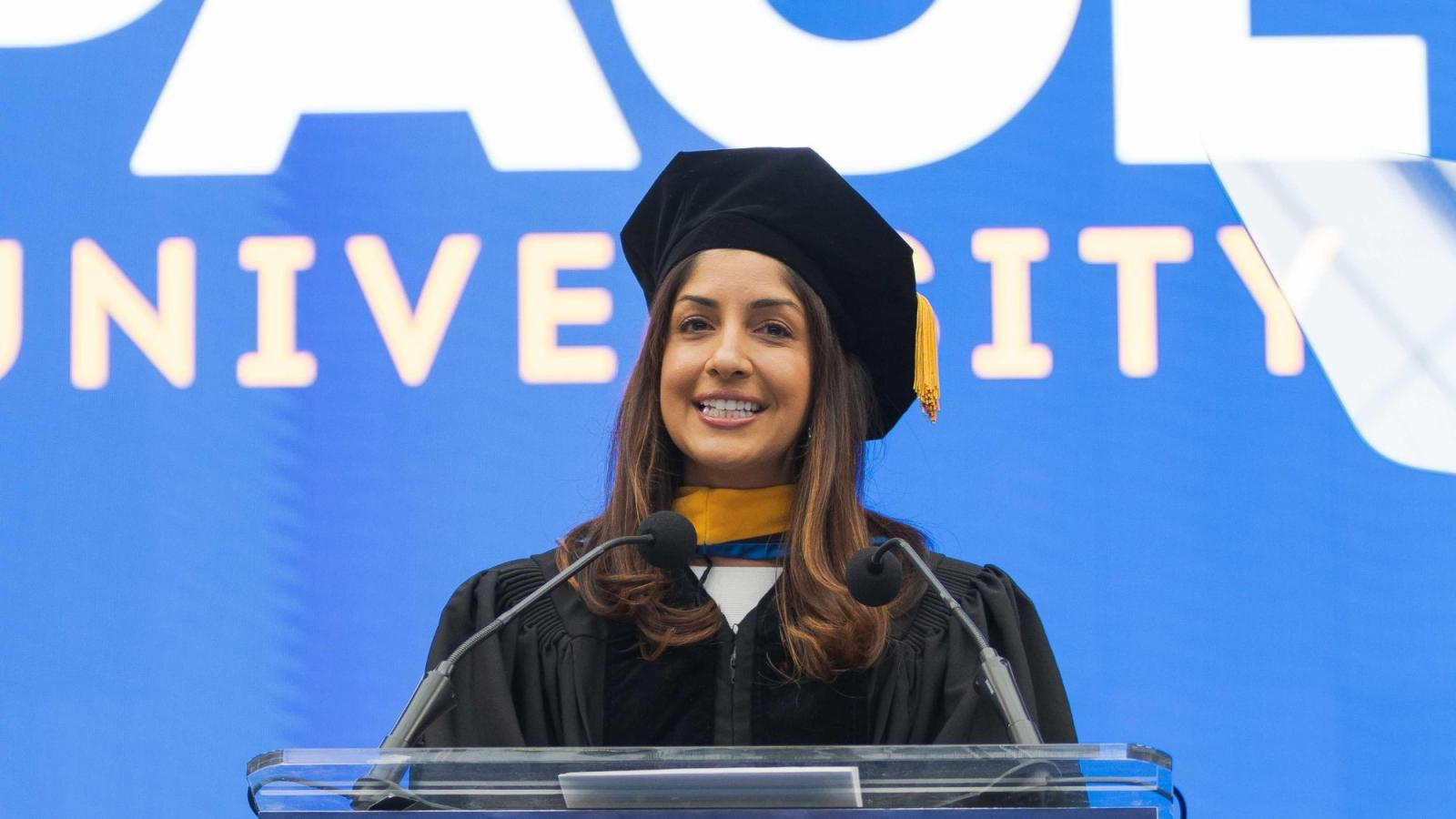 Anjali Sud, CEO of Tubi, delivers the keynote address at Pace University’s Seidenberg School of Computer Science and Information Systems Commencement ceremony.