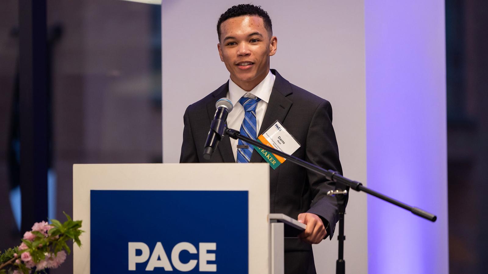 Current Pace University student Dante Hurr ’24 giving remarks at the 32nd Annual President’s Scholarship Reception.