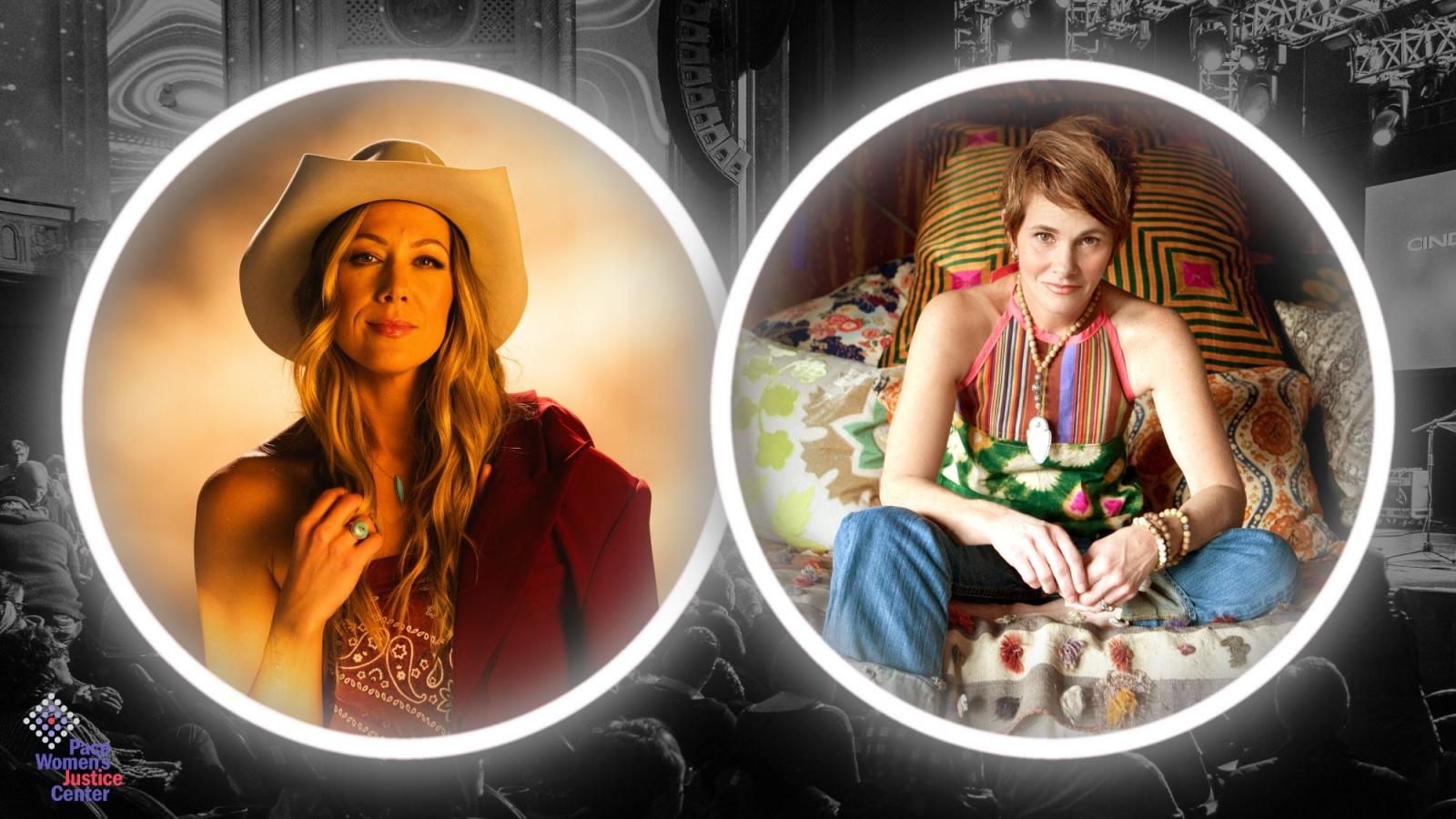 The headshots of Colbie Callait and Shawn Colvin float in circles over a black and white image of the Capitol Theatre during the Pace Women's Justice Center Raising the Bar Benefit Concert.