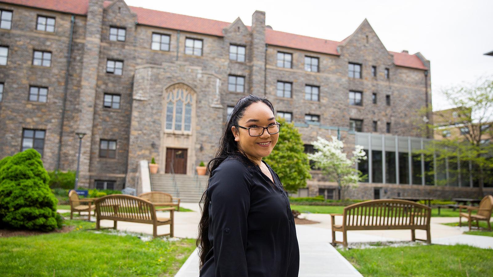 A student from the Elisabeth Haub School of Law on campus in White Plains, NY.