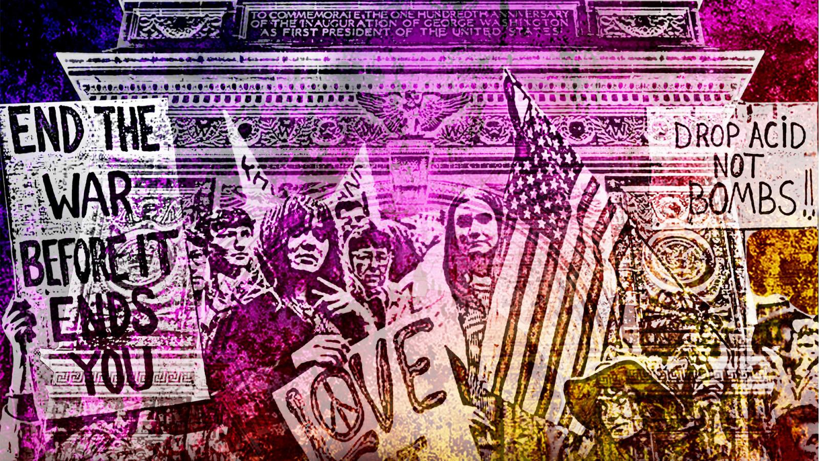 Detail of the Hair musical poster featuring people holding signs protesting war.