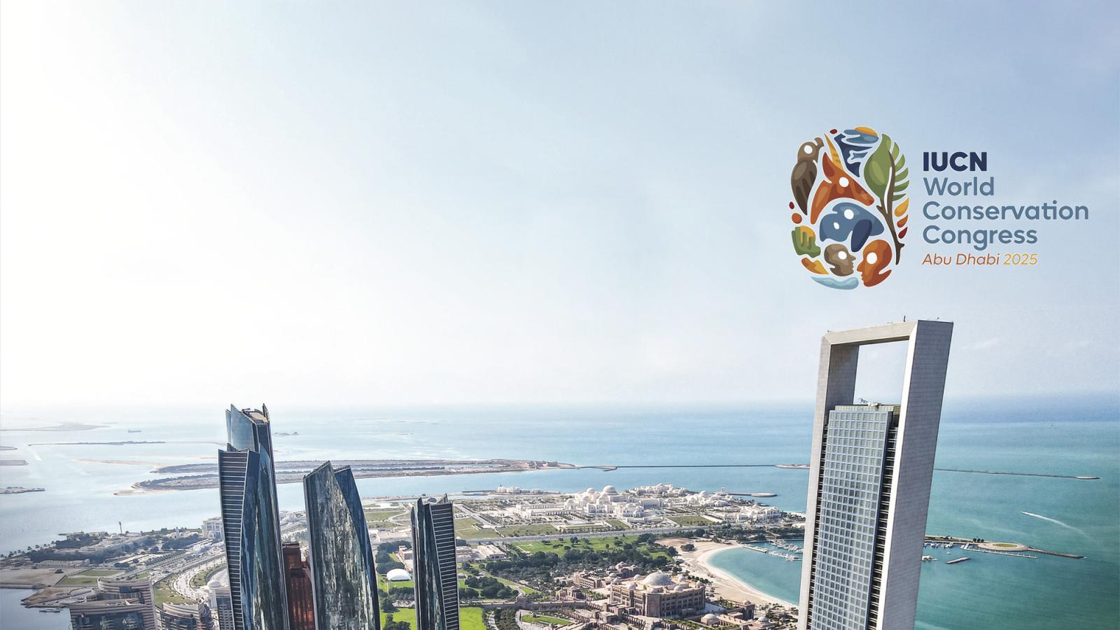 Abu Dhabi skyline with IUCN World Conservation Congress Logo 2025