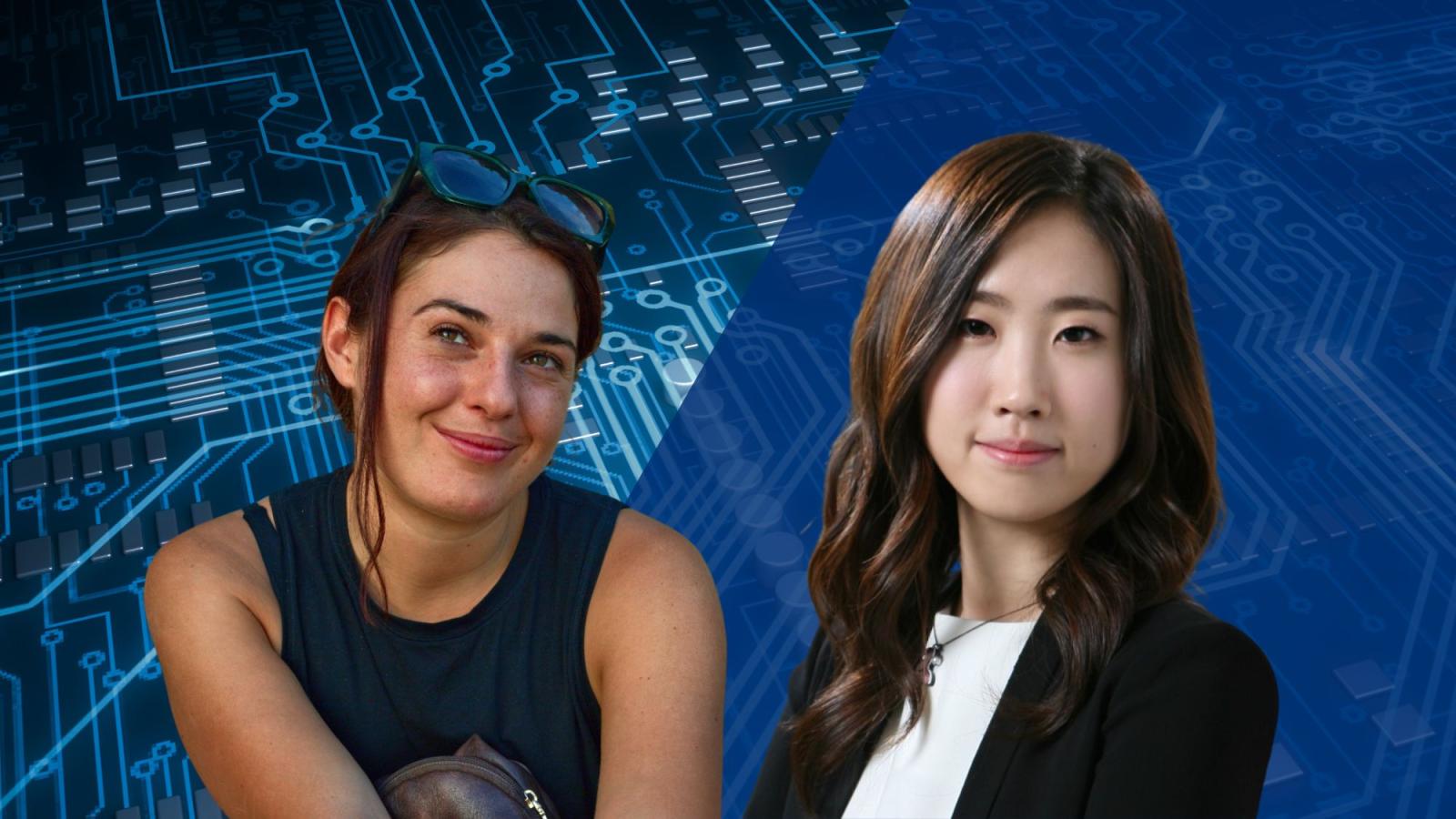 Photo of Seidenberg faculty members, Sara Falcone (left) and Hyunkyung Lee (right), placed over a computer circuit background.