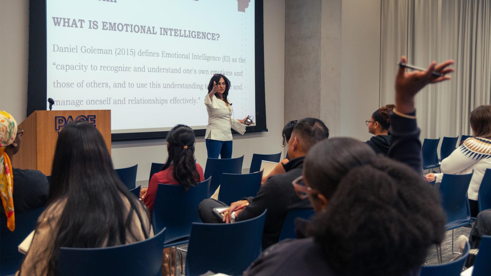 Pace University Professor Ipshita Ray addressing students.