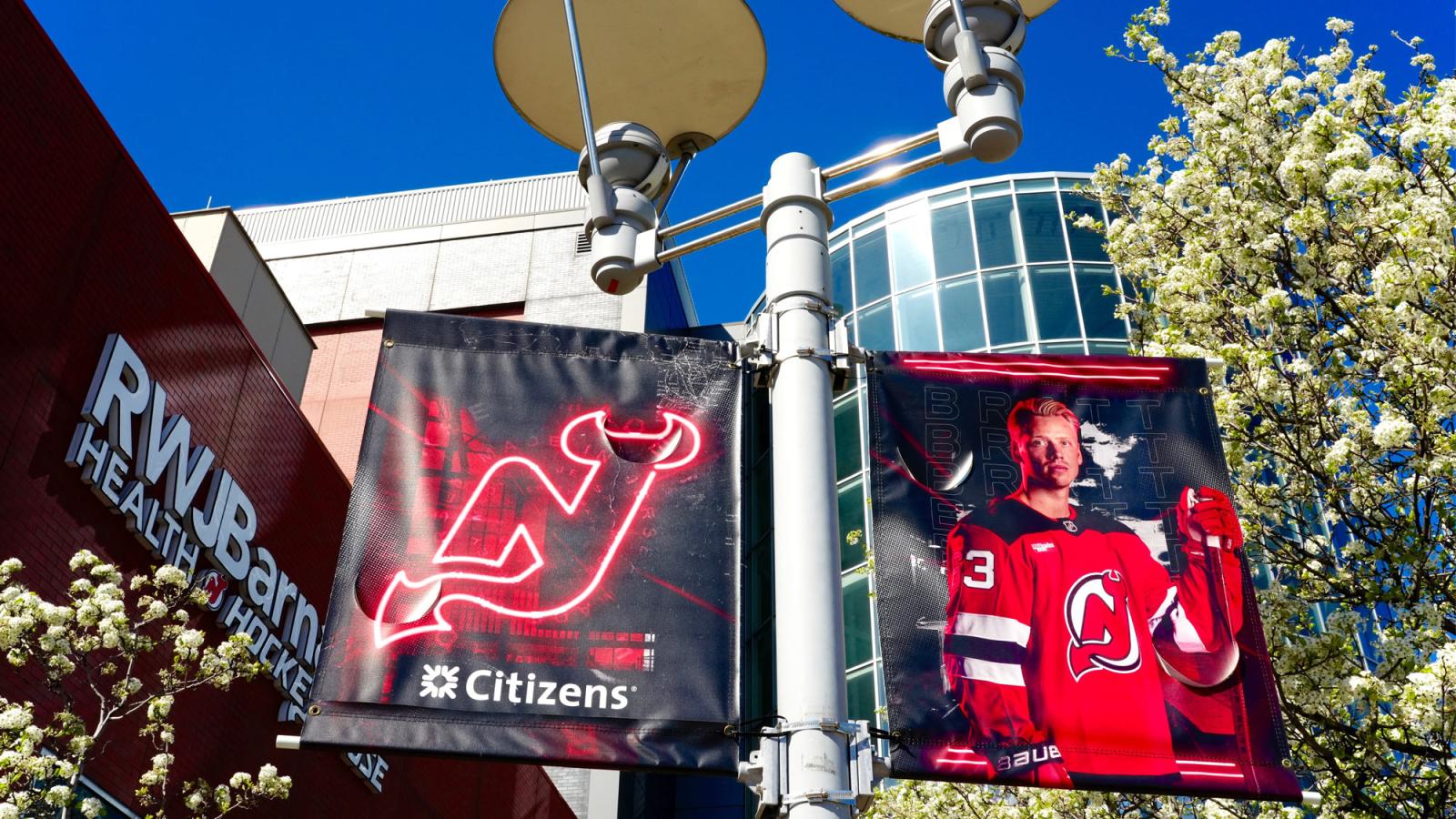 The Prudential Center with banners featuring the NJ Devils.