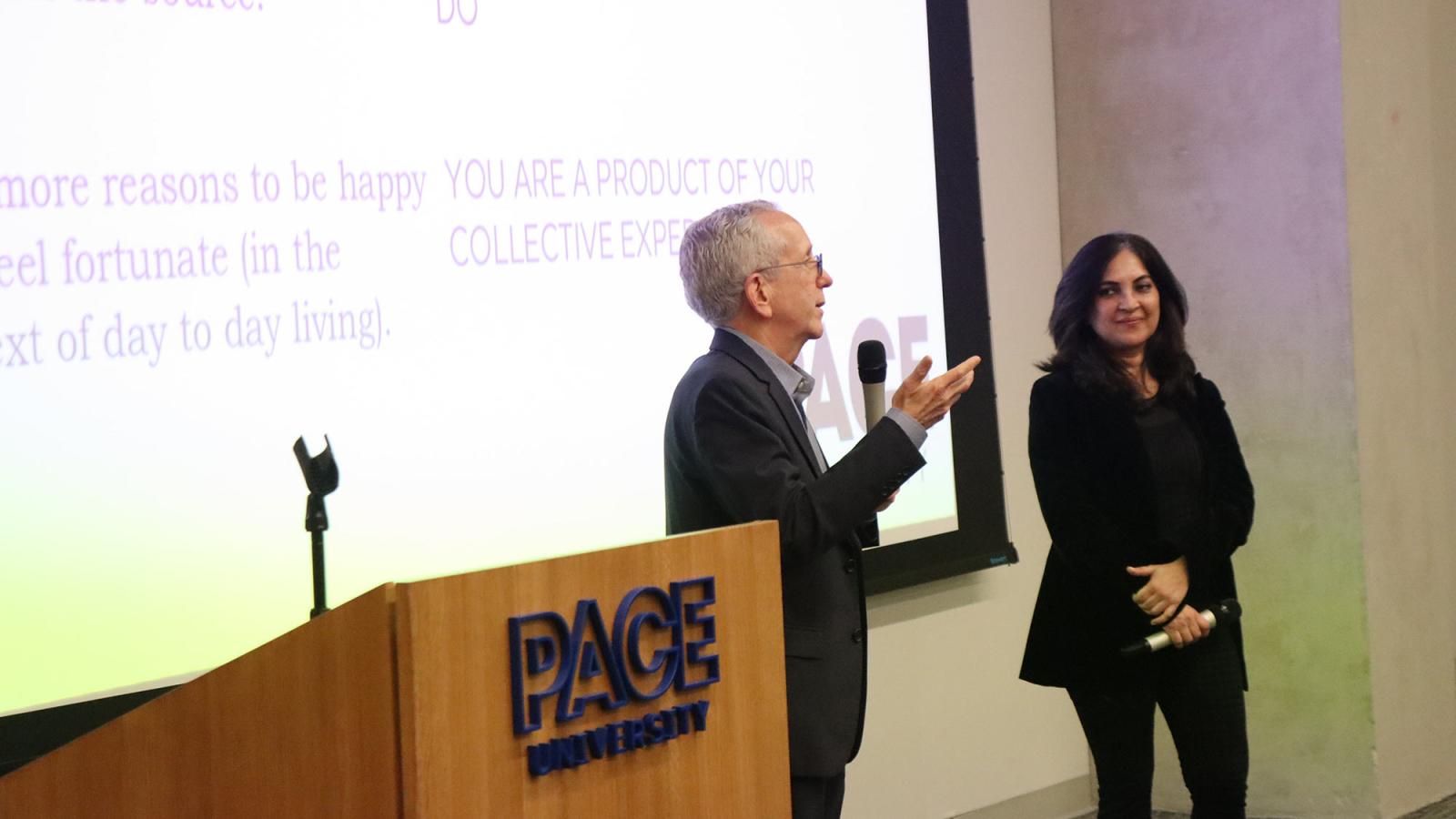 Neil Braun and Ipshita Ray lead a discussion on happiness, faith, and emotional intelligence during the final session of Pace University’s new initiative.