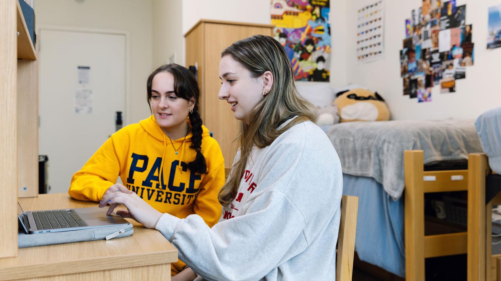Pace students in a dorm at a computer.