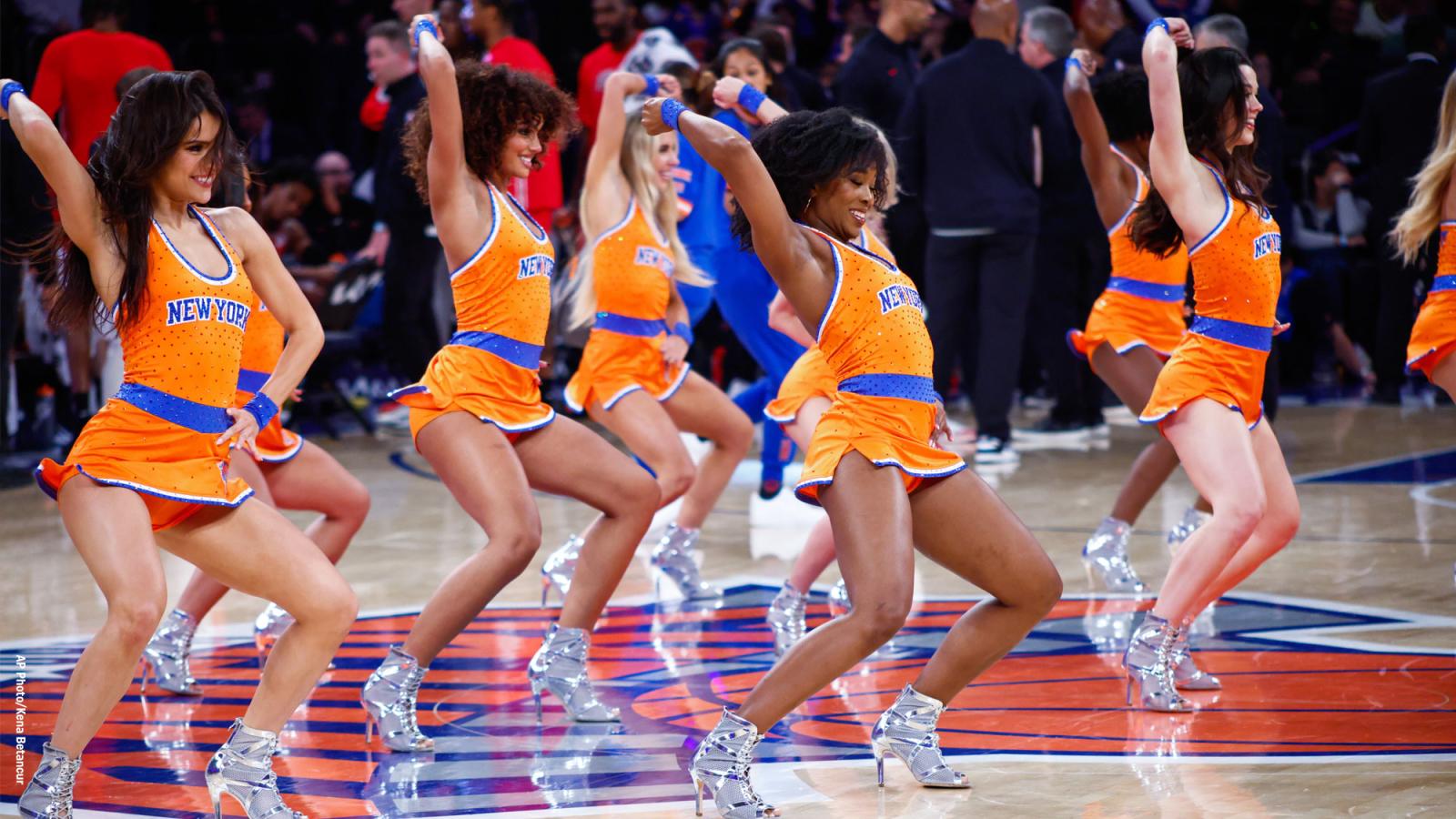Knicks City Dancers performing on the court.