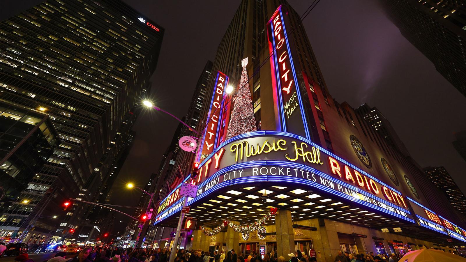 Radio City Music Hall at night.