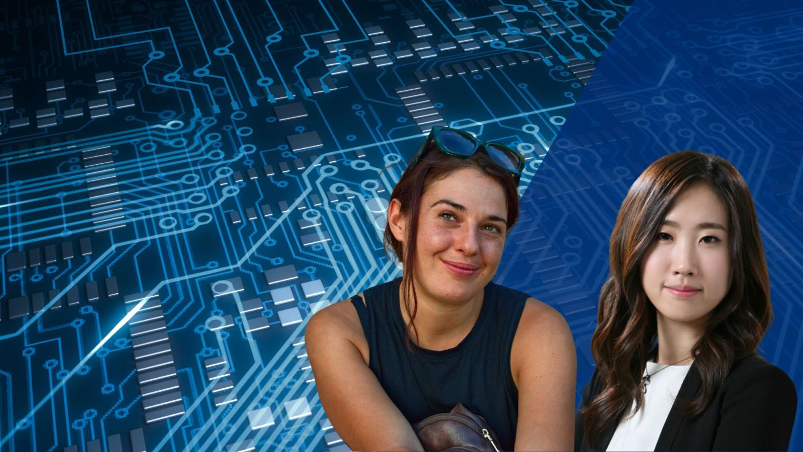 Photo of Seidenberg faculty members, Sara Falcone (left) and Hyunkyung Lee (right), placed over a computer circuit background.
