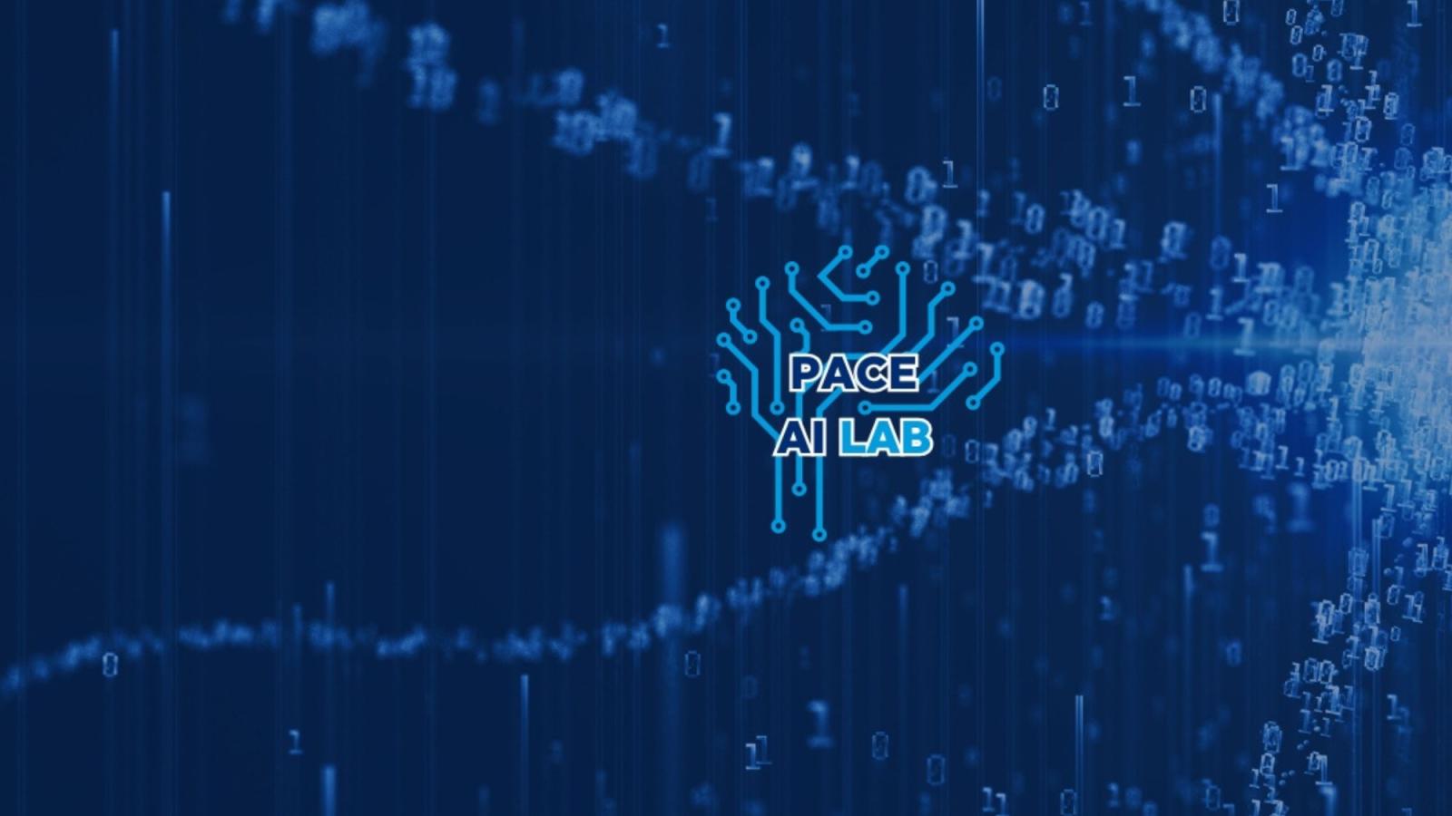 A stream of data on a dark surface representing AI, with the Pace AI Lab logo placed on top of the image.