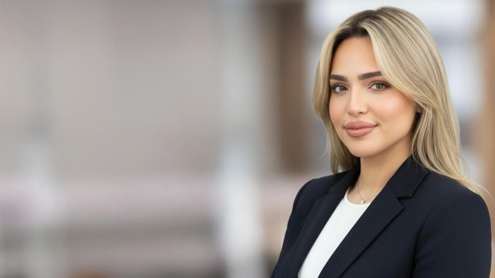 Pace University student Rafad Shlla wears a blazer and smiles at the camera