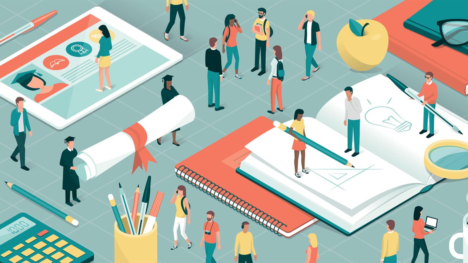 Illustration of diverse college students and faculty interacting with oversized school supplies, books, and digital tools