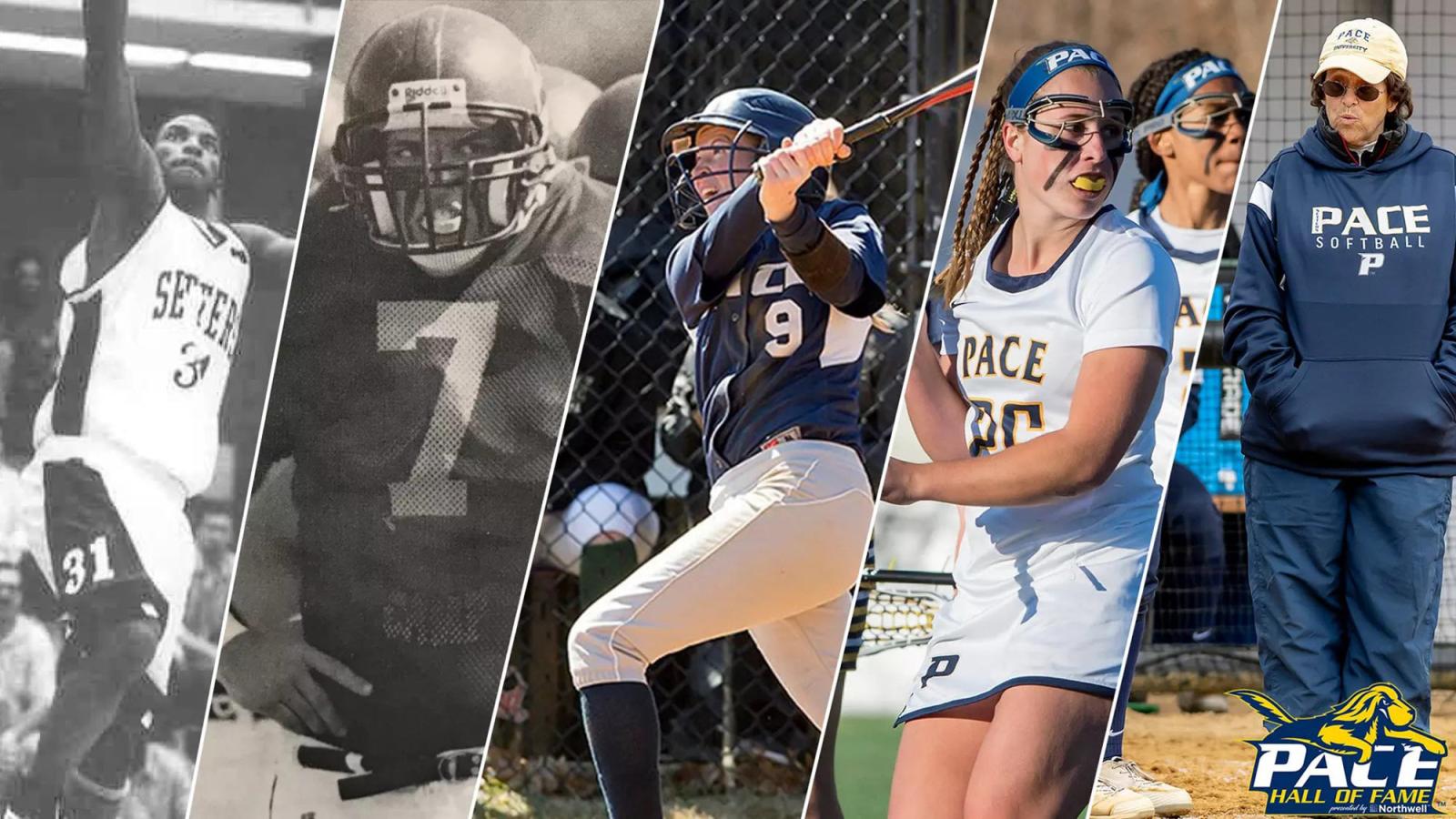 Photo of the five 2024 inductees into the Pace Athletics Hall of Fame playing their respective sports