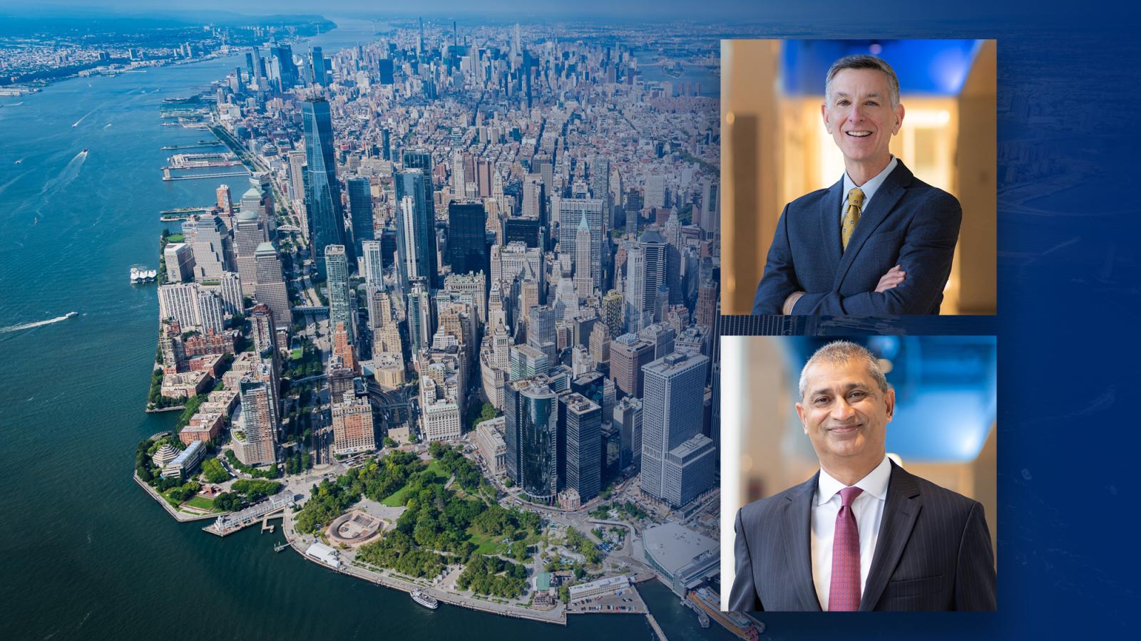 Inset images of Dean Goldstein and Dean Khorana over an aerial image of downtown manhattan.