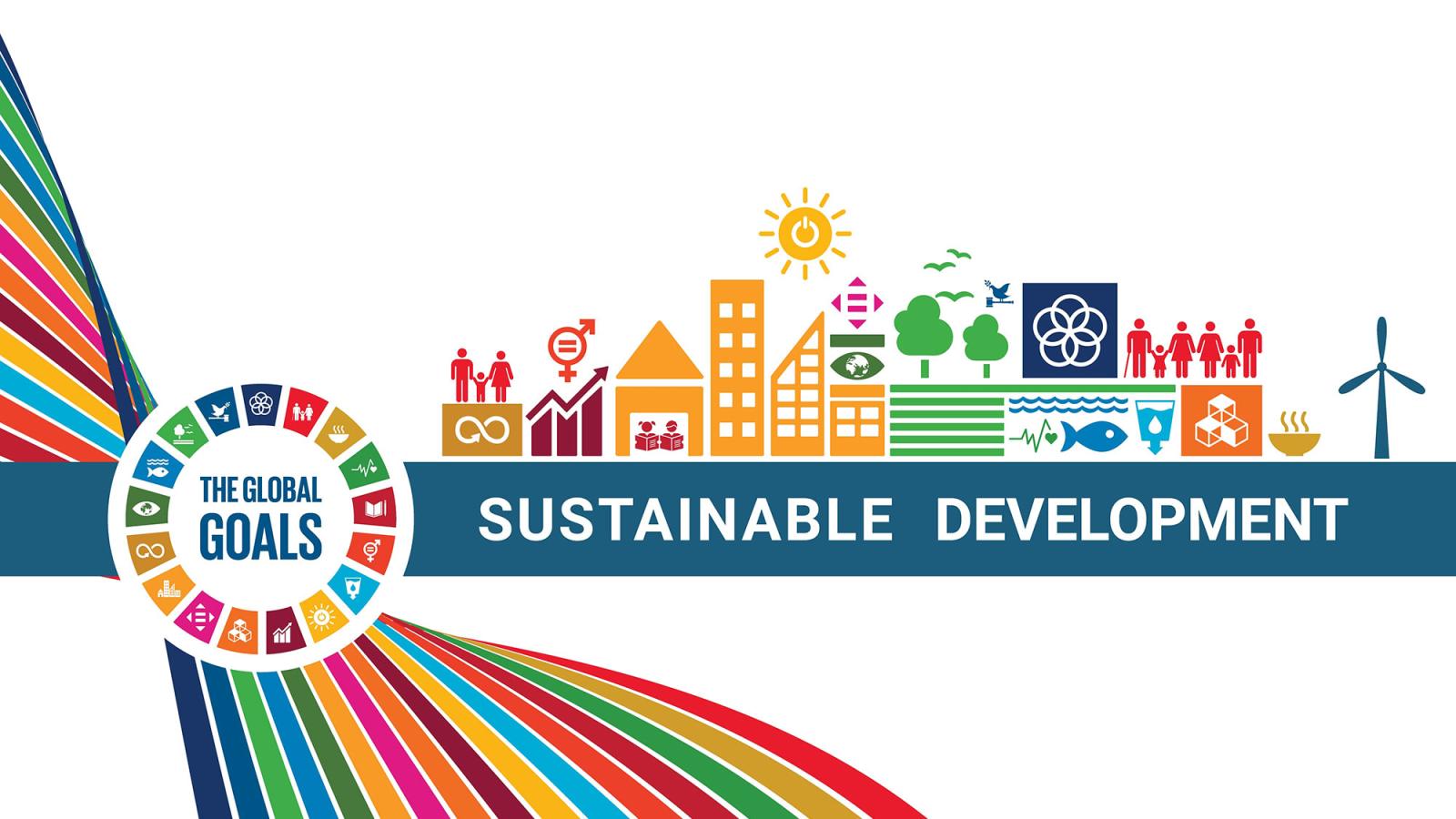 A rainbow graphic depicting the sustainable development goals with different icons