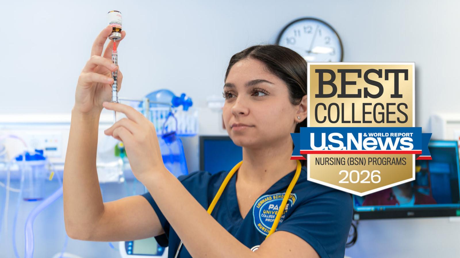 A Pace University nursing student in a simulation lab drawing liquid into a syringe.