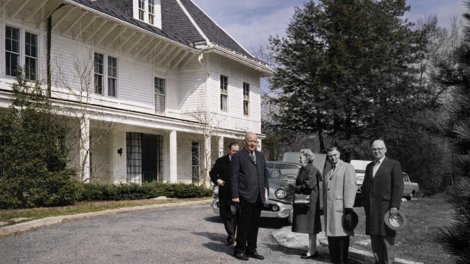 Black and white composite image of Marks Hall and Helen and Wayne Marks in 1962.