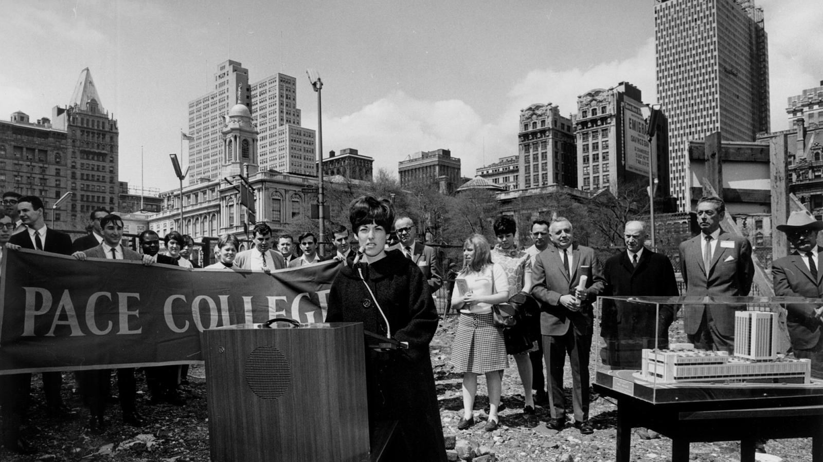 Archival image of the groundbreaking of One Pace Plaza