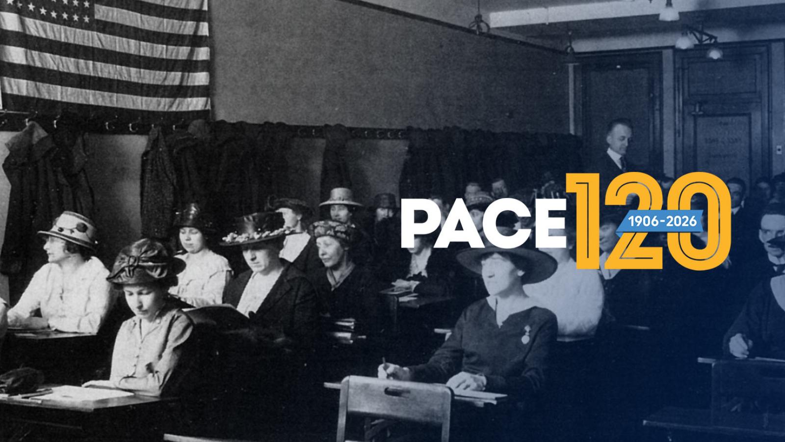 Vintage black and white photo of a Pace classroom with Pace 120 wordmark over it.
