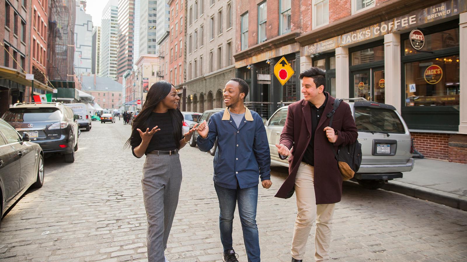 Pace University student group walking in Lower Manhattan